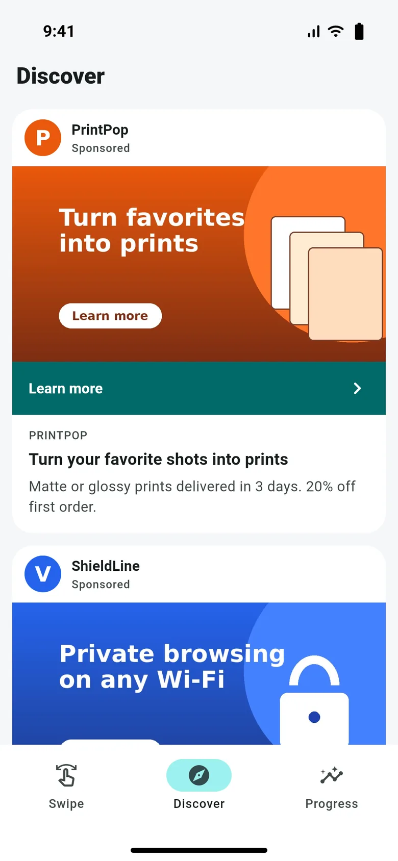 The Discover tab: a feed of link-preview posts from partners, each marked Sponsored, with a Learn more button.