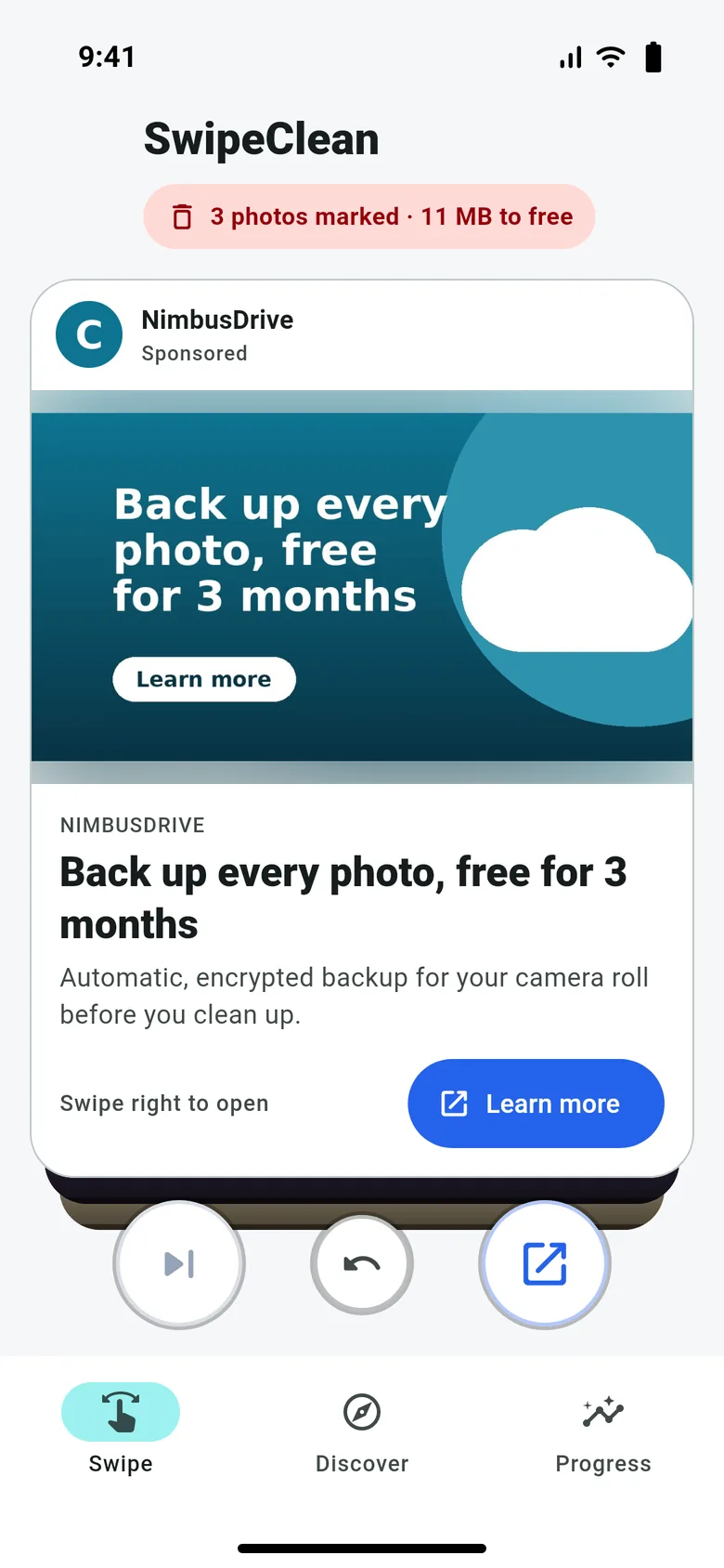 A sponsored partner card in the swipe deck, with the hint Swipe right to open, a Learn more button, and Skip and Open buttons below.