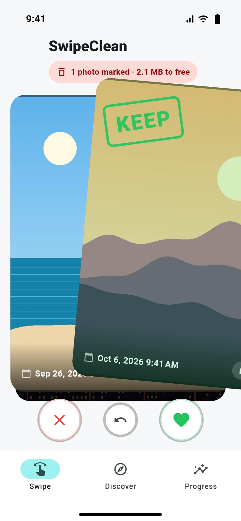 SwipeClean's swipe screen: a photo of mountains being swiped right with a green KEEP stamp, the counter reading 1 photo marked, 2.1 MB to free, above Discard, Undo and Keep buttons.
